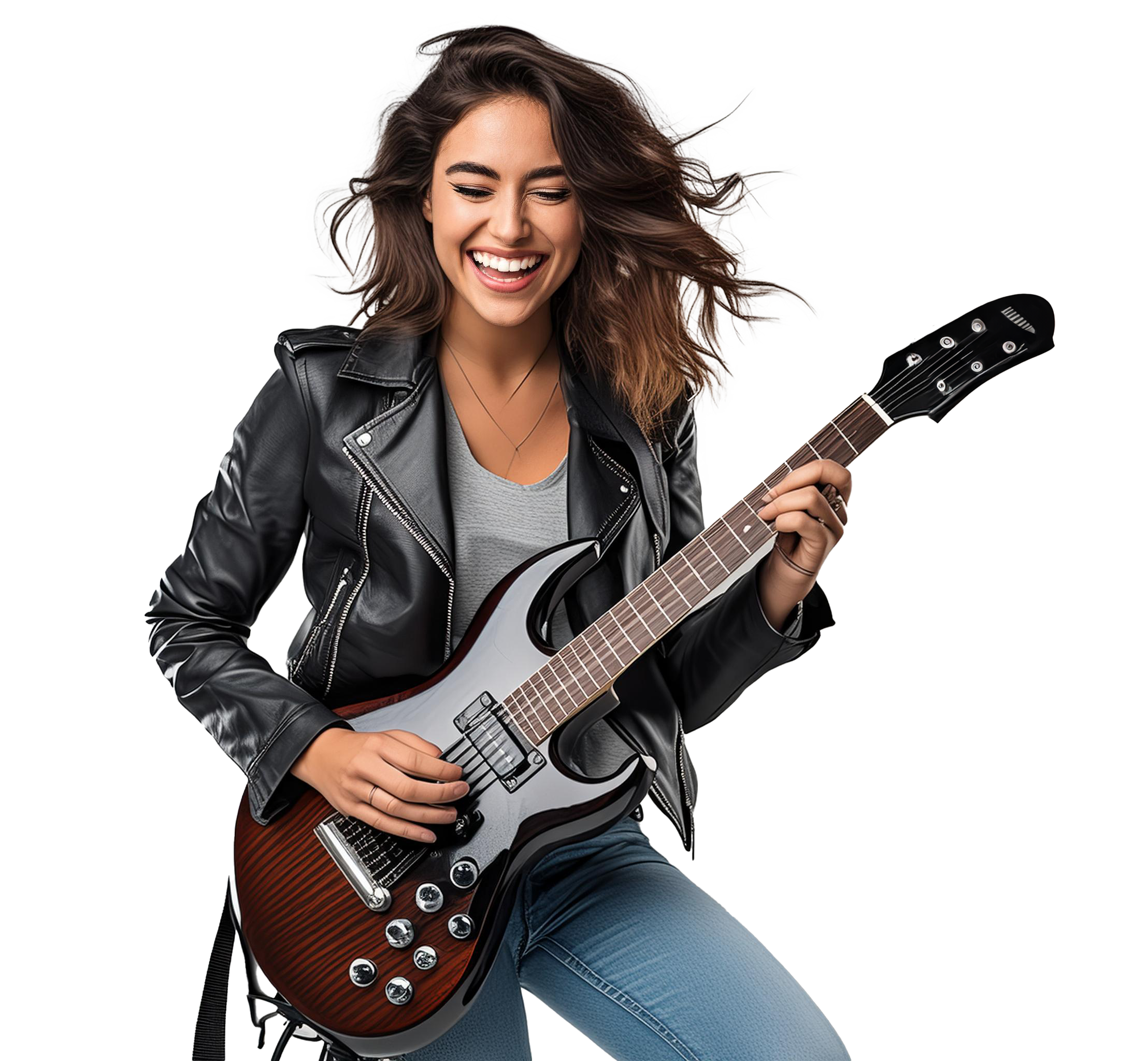 Firefly-A-stylish-lady,-adorned-in-a-chic-leather-jacket-and-skinny-jeans,-showcasing-her-electric-g-(1)