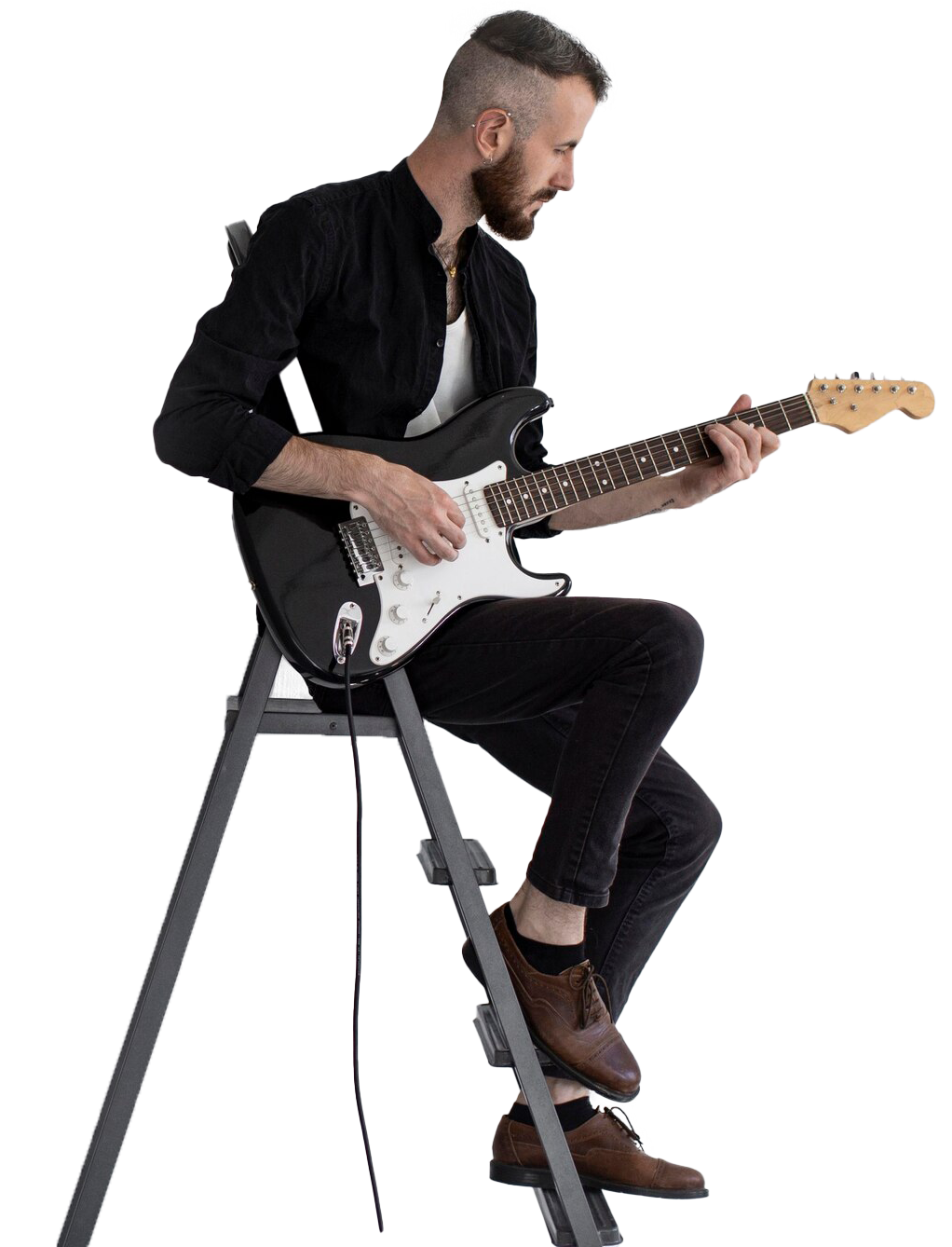 seitenansicht-des-maennlichen-darstellers-der-e-gitarre-auf-treppen-spielt_23-2148680330